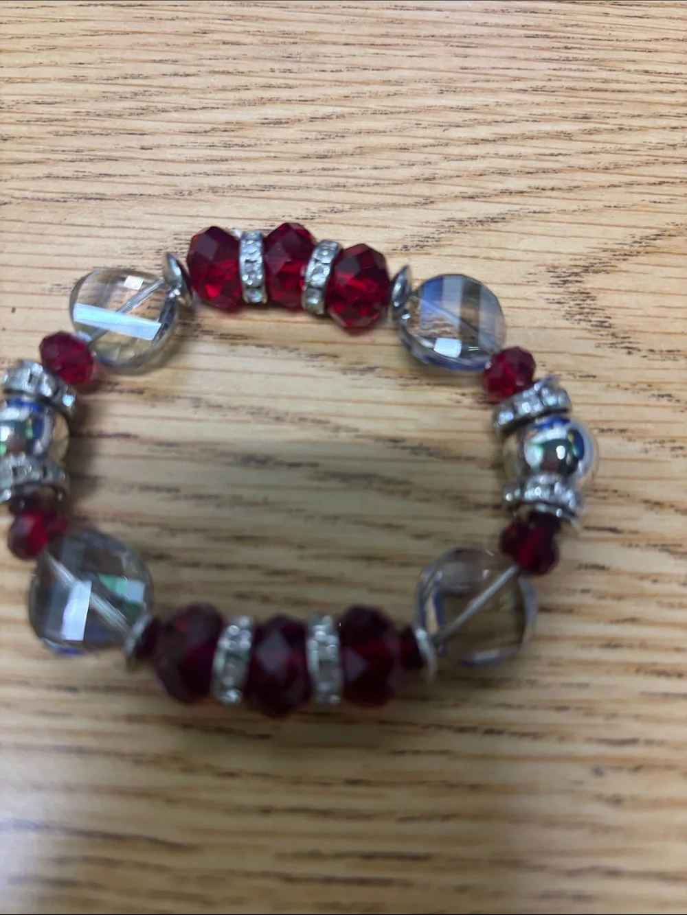 Unbranded Red & Iridescent Stretch Beaded Bracelet with Rhinestone Accents
